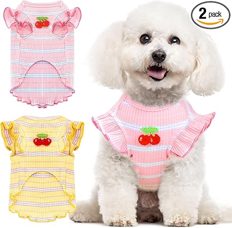 2 Pack Striped Small Dog T Shirt Cute Cherry Girl Dog Clothes for Small Dogs Cats Breathable Soft Cotton Pet Puppy Sleeveless Vest Spring Summer Pet Outfits（Pink+Yellow,Medium）