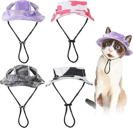 4 Pcs Cat Hats for Cats Only, Cat Sun Hat Sphynx Hat with Ear Hole Kitten Headwear Sun Sombrero Caps Baseball Outdoor Fish