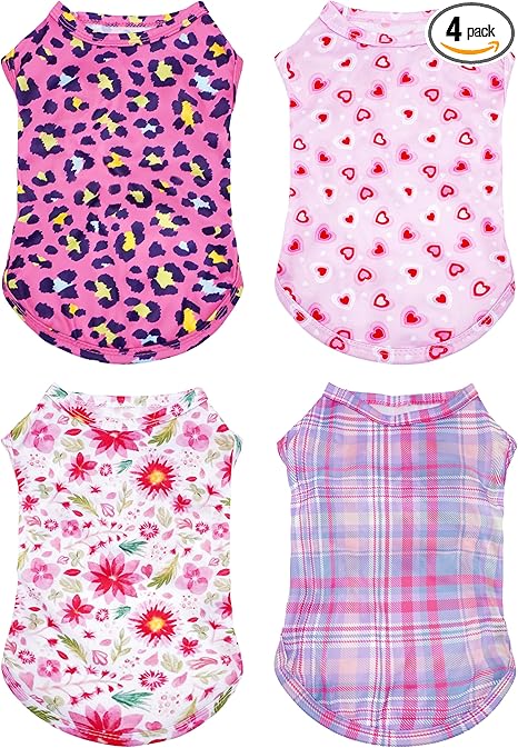PET SHOW 4 Pack Paw Bone Printed Dog Clothes Shirts Soft Vest Lightweight Sleeveless Cats Doggies T-Shirts Puppies Tank Top Tee for Small Medium Dogs White Black Pink Blue (Medium, Pink for Girls)
