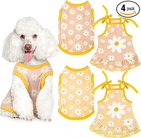 Frienda 4 Pieces Dog Clothes Set Include 2 Pcs Cute Pet Dress Lovely Dog Dress and 2 Pcs Breathable Pet T Shirt Puppy Clothes(Daisy,Small)