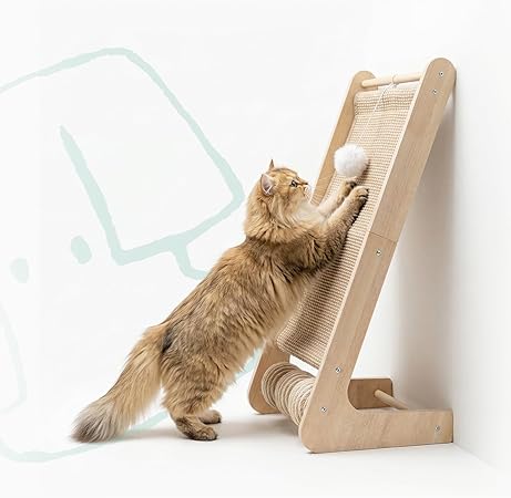 Cat Scratcher for Indoor Cats, L-Shaped Cat Scratching Board & Ramp, Solid Wood Cat Scratch Pad, with Hanging Ball & 3 Bottom Play Balls, Ideal for All Cats (Wood Grain, L)