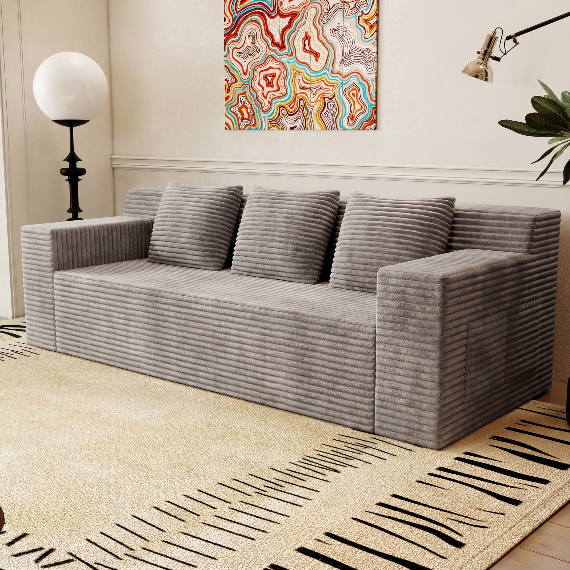 HSUNNS 71" 3 Setaser Sofa, Comfy Extra Deep Seat 3 Seater Couch for Living Room with Soft Upholstered and Side Pockets, Free 3 Pillows, No Assembly Required, Grey