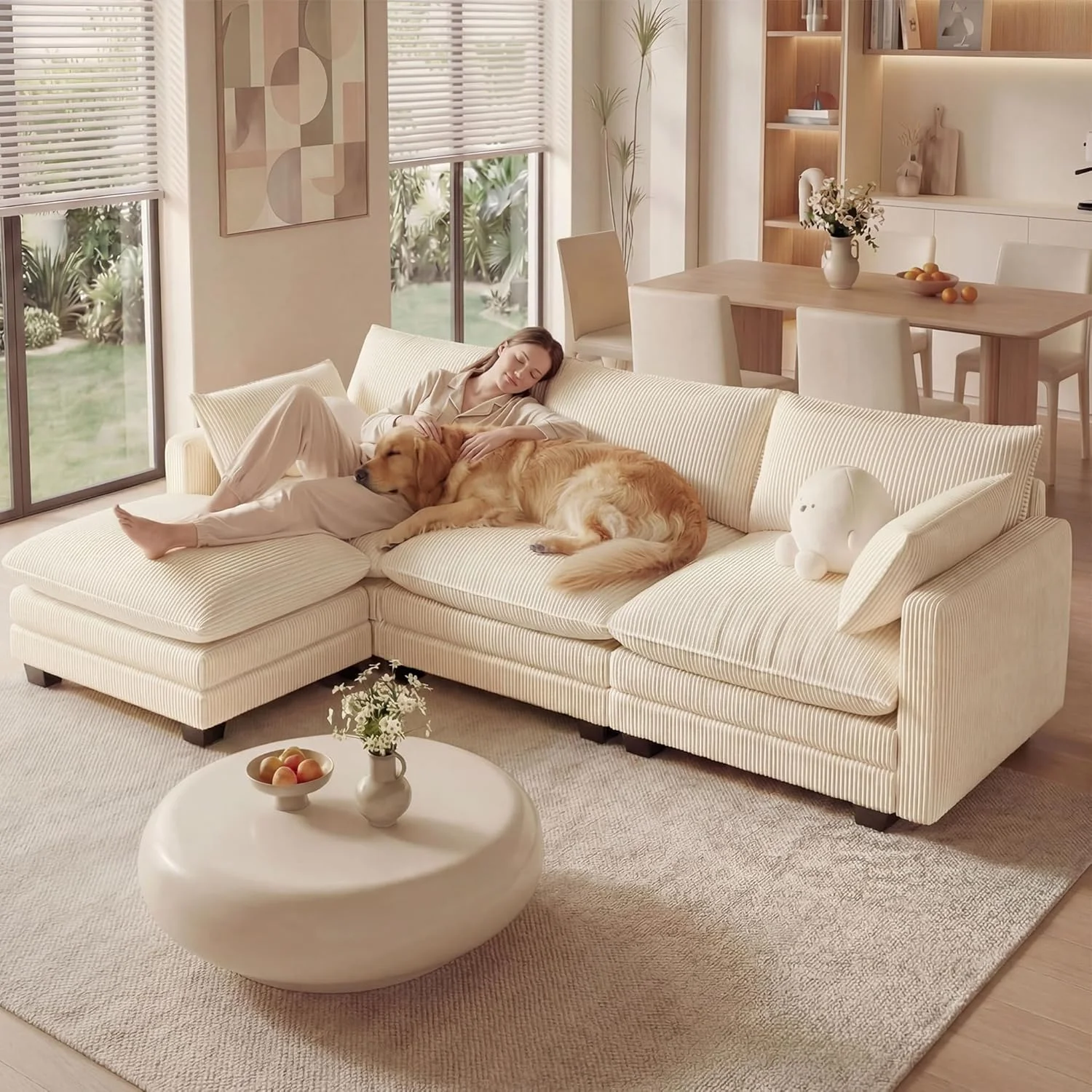 Hero image 3 of 110'' L Shaped Cloud Couch with Removable and Washable Cover, Noelse 3 Seater Modular Sectional Corduroy Sofa with Deep Seat and Movable Ottoman for Living Room Bedroom, Beige, 3 of 13   View in 3D     In 25+ people's carts Clearance Best 