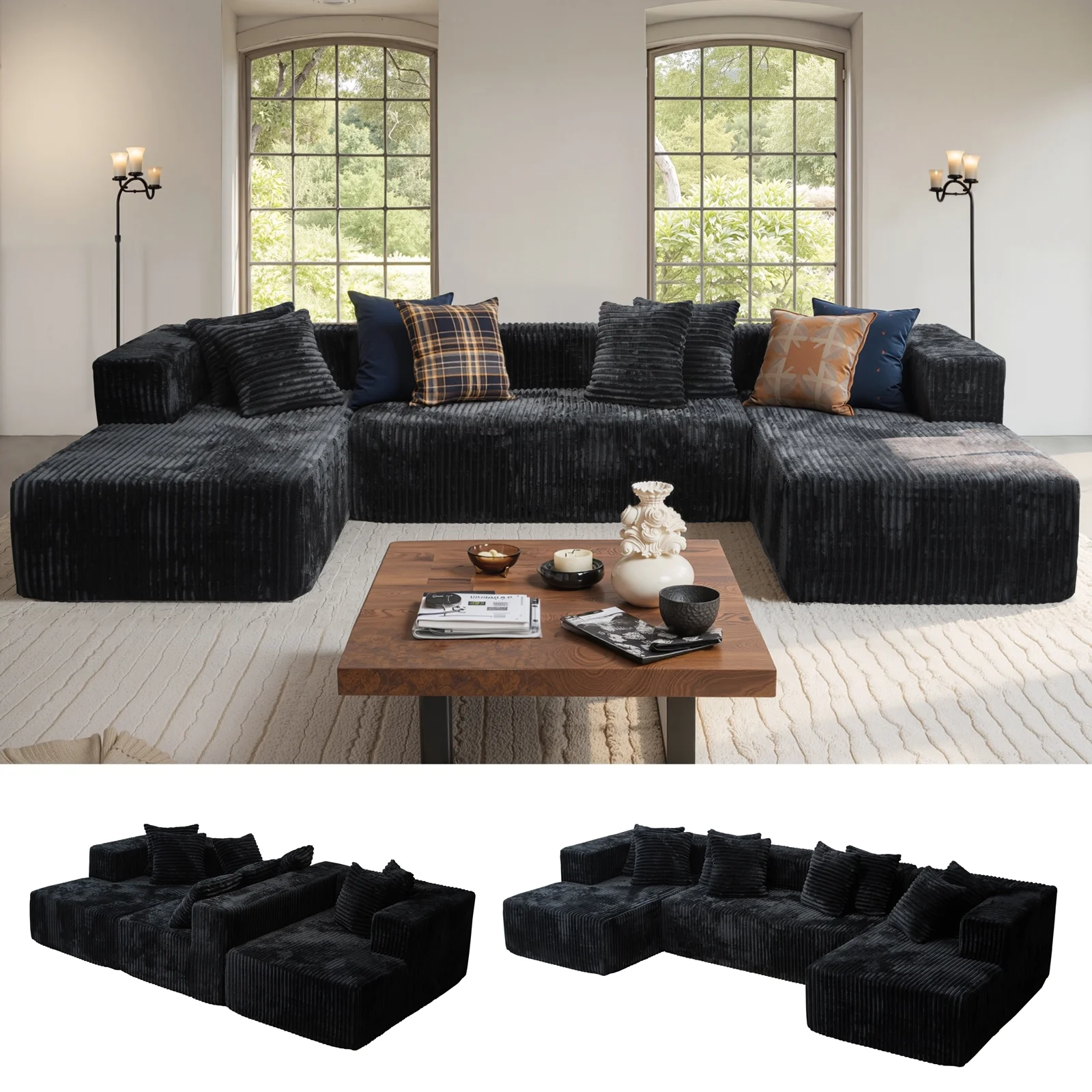 Kelyda 130'' U Shaped Sectional Couches, Modern Deep Seat Foam Boneless Cloud Sofa for Living Room Black