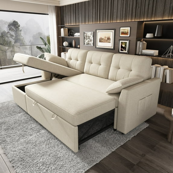 VANACC Sectional Sofa Bed with Storage and Soft Seat ,Reversible Pull Out Couch for Living Room,Beige