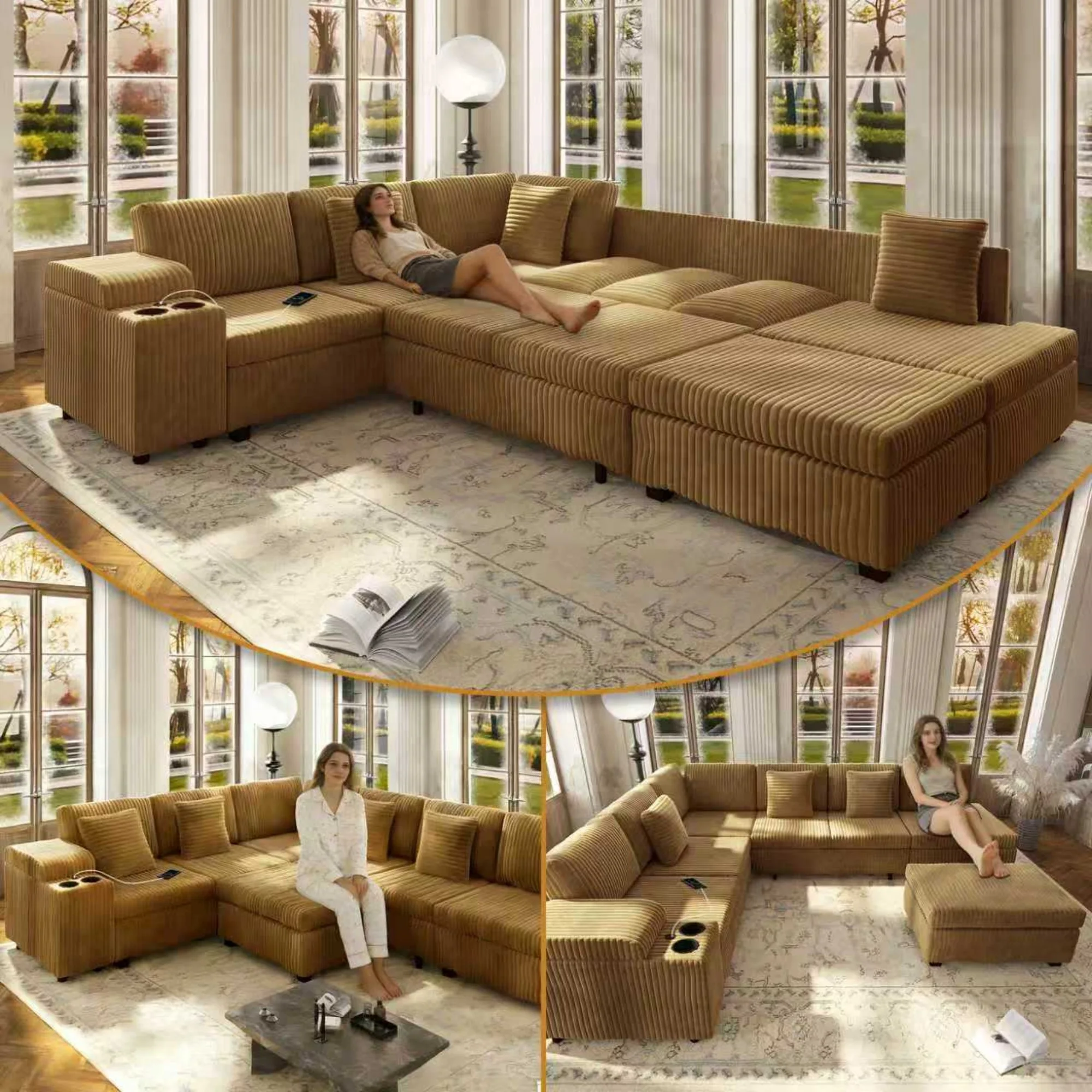 Hero image 0 of LLappuil 110" Sectional Sofa, Modular Sectional Couch Convertible Sofa Bed, 7 Seat Corduroy Sofa Couch with Movable Ottoman, Hidden Armrest Storage & USB Charging Ports Camel, 0 of 10      On backorder   Arrives Jun 1  LLappuil LLappuil 11