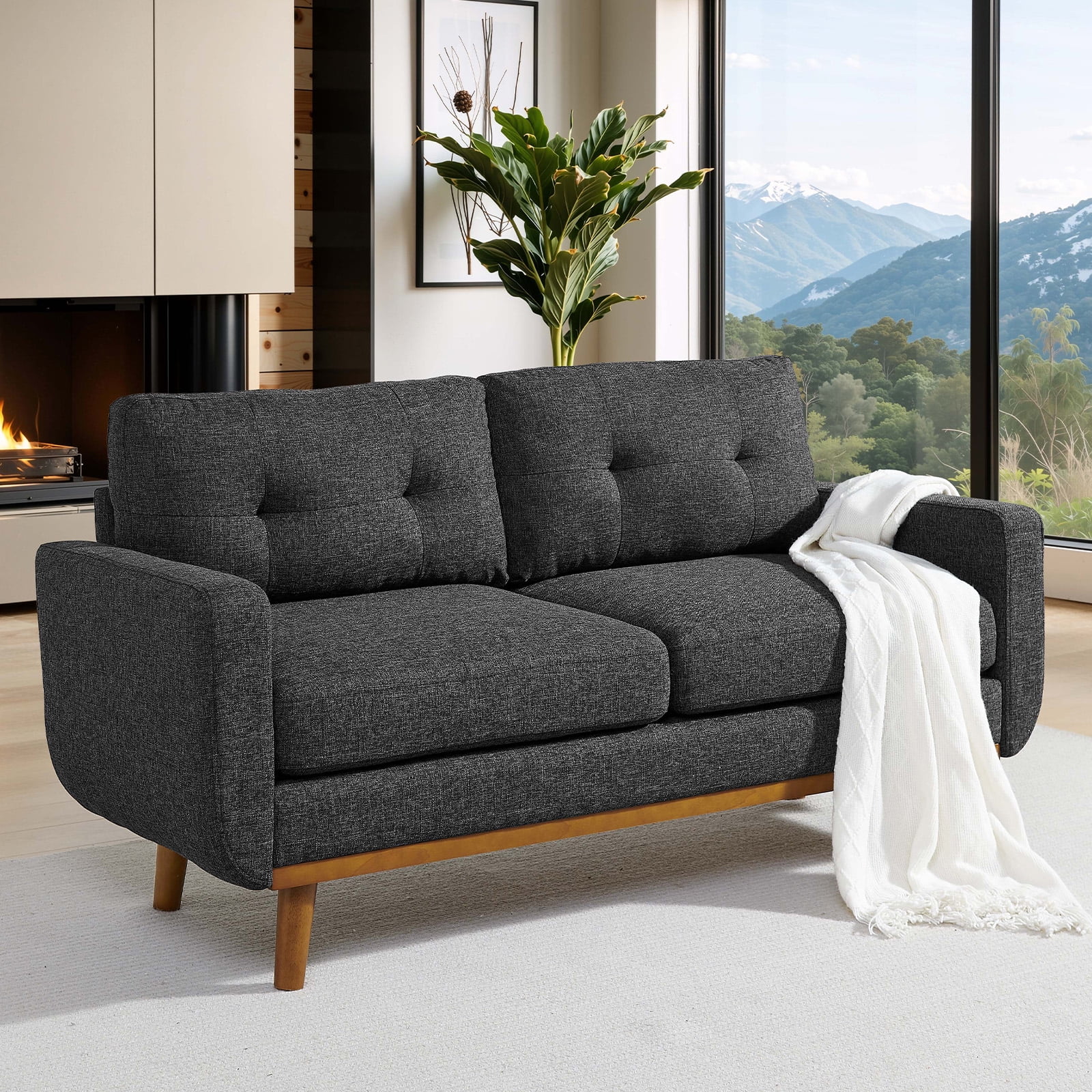 MOONMISS 67" Velvet Loveseat Couch, Modern Small Sofa With Walnut Wood Legs 2-seater Fabric Upholstered Mini Sofa Couches For Small Space,living Room Bedroom Office Dorm Apartment,Dark Gray