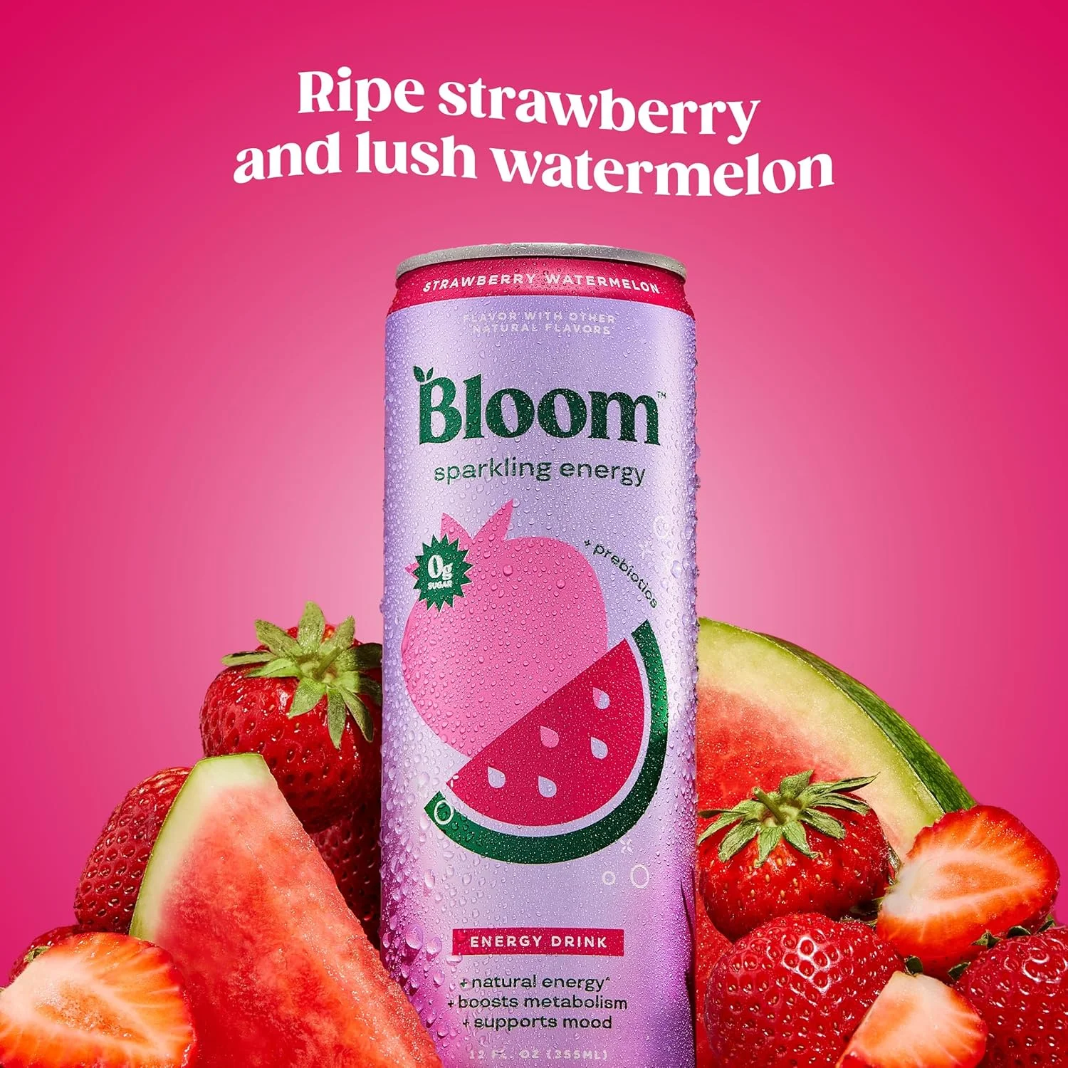 Bloom Nutrition Sparkling Energy Drink, Strawberry Watermelon, 12 fl oz Single Can