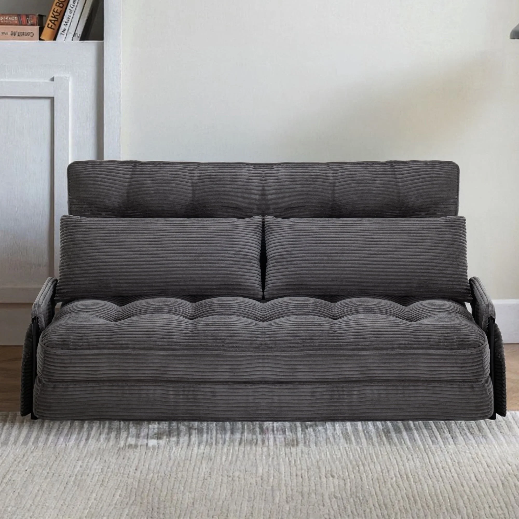 Convertible 5-Position Foldable Lazy Sofa Sleeper Bed with Armrest,Adjustable Floor Sofa Couch with 2 Pillows,Fold Out Floor Couch,Dark Grey