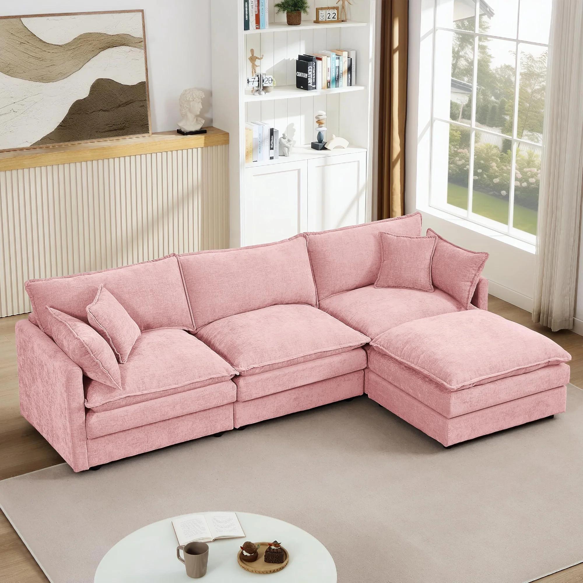 CARZZI LIFE Modular Sectional Sofa, 102 Inch L Shaped Couch Set with Armrests, 3-Seater Comfy Cloud Couches for Living Room Apartment, Pink