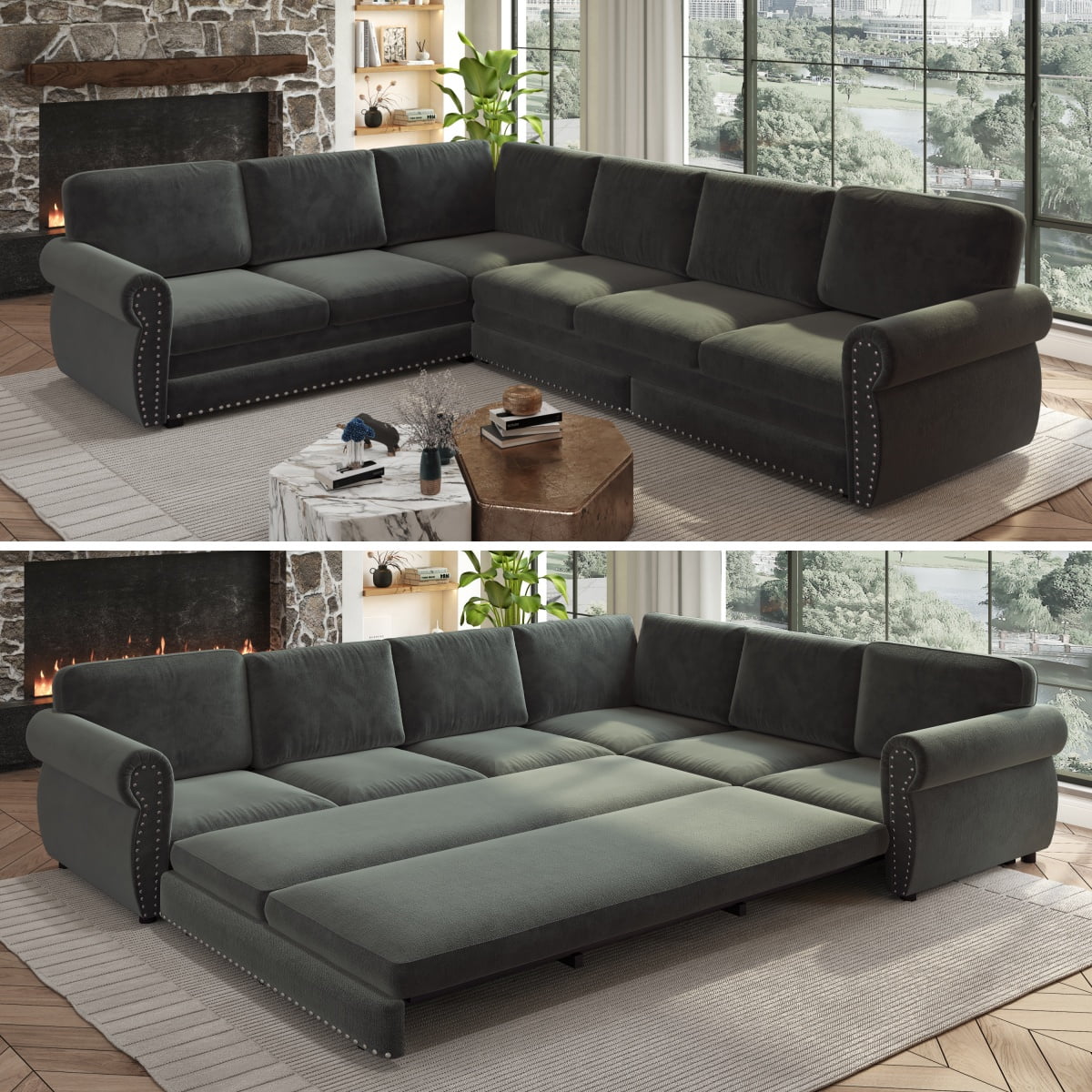 LLappuil Sectional Sofa Couch, Oversized Chenille Sofa with Pull Out Sofa Bed for Living Room Dark Gray (3.5) | 100 ratings