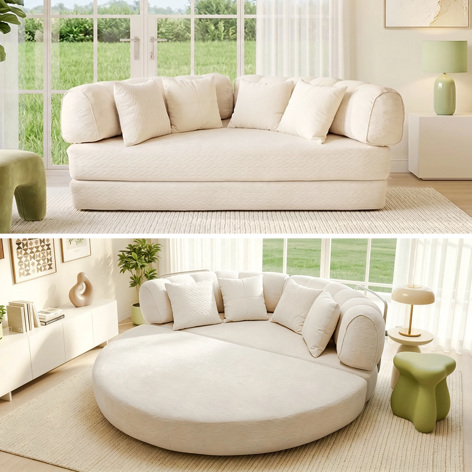 79" Sleeper Sofa Bed, Convertible Cloud Loveseat Couch, Round Deep Seat Lounge Sofa with 4 Pillows for Living Room, Modern Guest Bed for Small Spaces, Beige