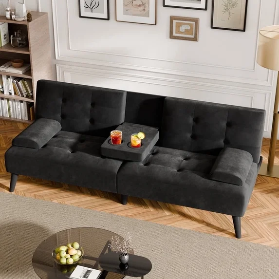 Walsunny Convertible Futon Sofa Bed, Foldable Futon Sleeper Sofa Bed with 2 Cup Holders, Folding Loveseat Recliner with 3-Angle Adjustment Modern Couch for Living Room, Small Space, Black