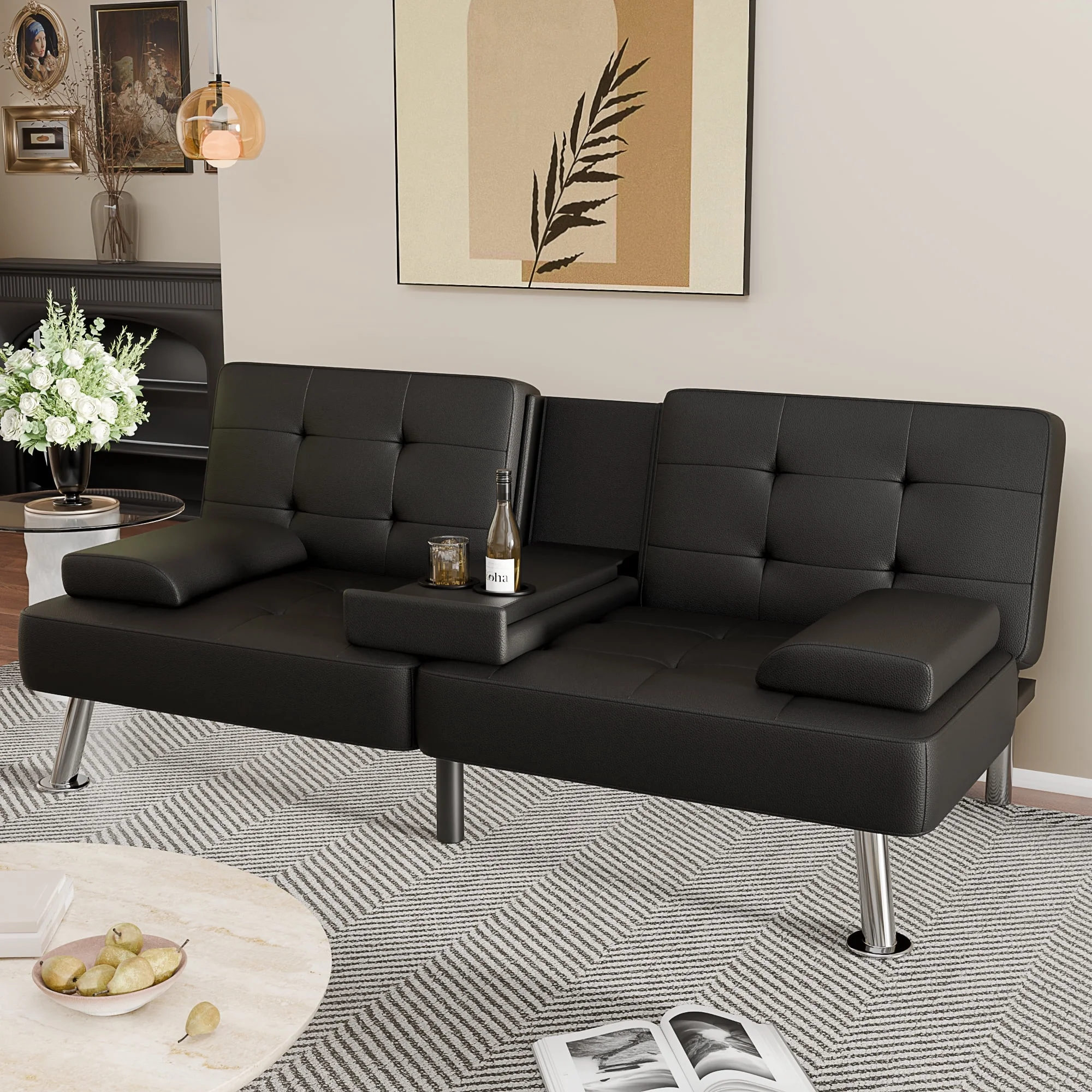Hero image 2 of Vineego Futon Sofa Bed Folding Leather Modern Couch with 2 Cup Holders,Removable Armrests,Black, 2 of 7     Vineego Vineego Futon Sofa Bed Folding Leather Modern Couch with 2 Cup Holders,Removable Armrests,Black