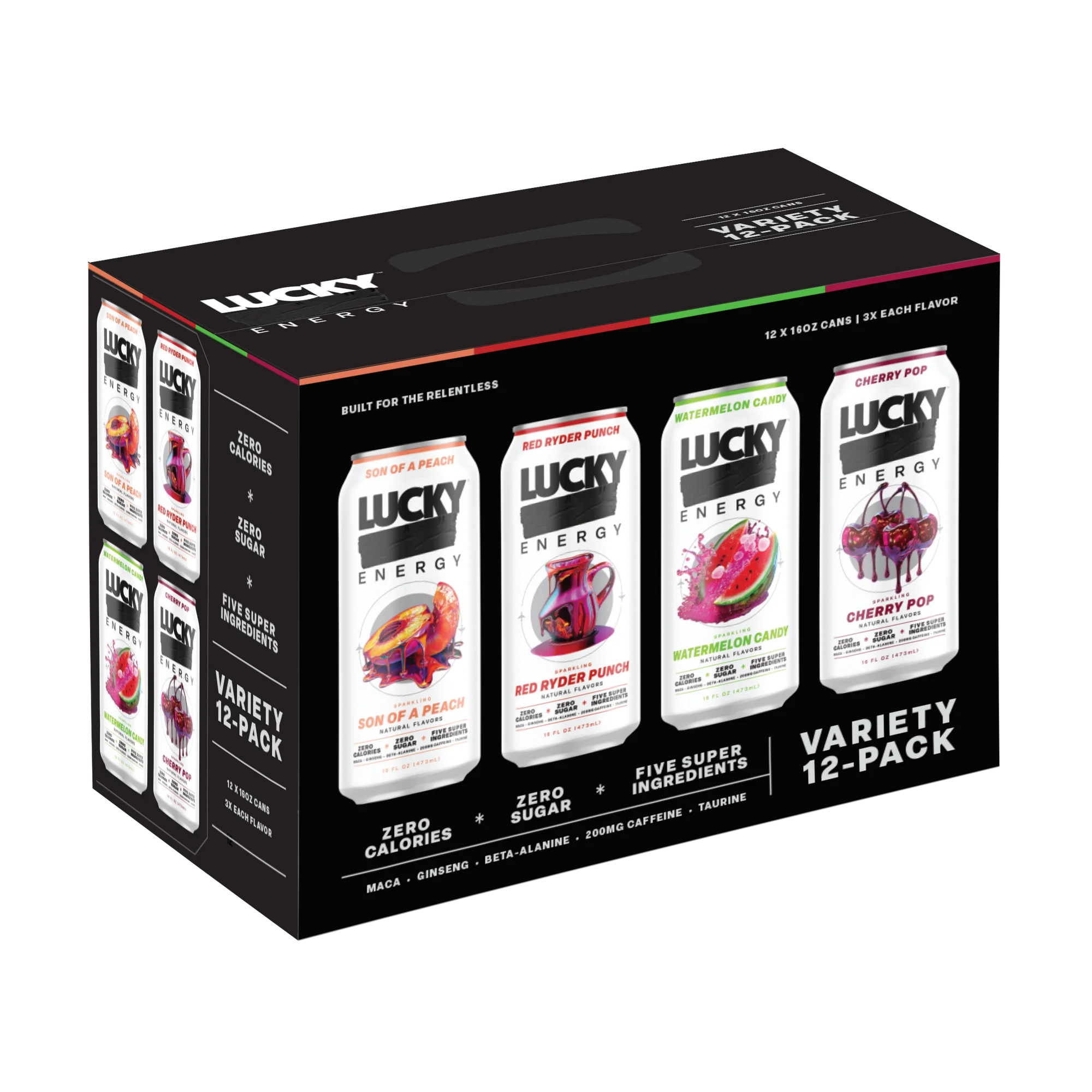 Lucky Energy Sugar Free Energy Drinks 16 oz Cans (12-pack), Variety Pack with Maca, Ginseng, Taurine, Beta-Alanine, 200mg Caffeine, Zero Calories