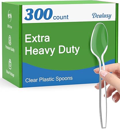 Dealusy 300 Count Clear Plastic Spoons Disposable, BPA-Free, Heat Resistant, Solid and Durable Disposable Spoons Heavy Duty Bulk, Premium Spoons plastic disposable for Party Supply