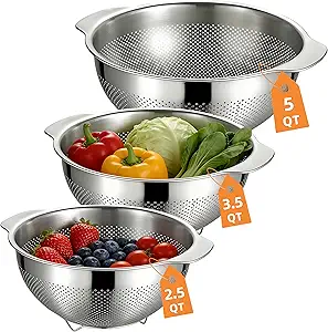 Colanders & Food Strainers,304 Stainless Steel Colander,3 Pcs Kitchen Strainers(2.5QT, 3.5QT, 5QT) for Pasta, Rice, Vegetables,Dishwasher Safe Metal Colander with Handles,Kitchen Gift