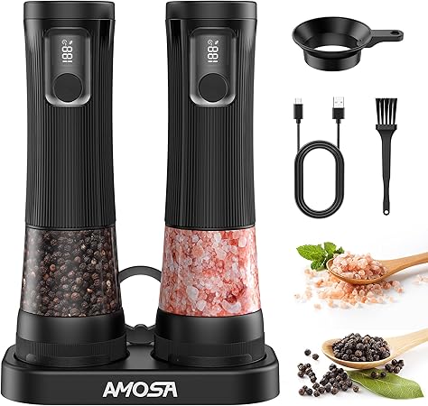 Electric Salt and Pepper Grinder Set, Upgrade 2-Speed Setting, External 5 Adjustable Coarseness, Rechargeable Automatic Salt & Pepper Shakers Mill with Battery Display, Storage Base & Led Light, Black
