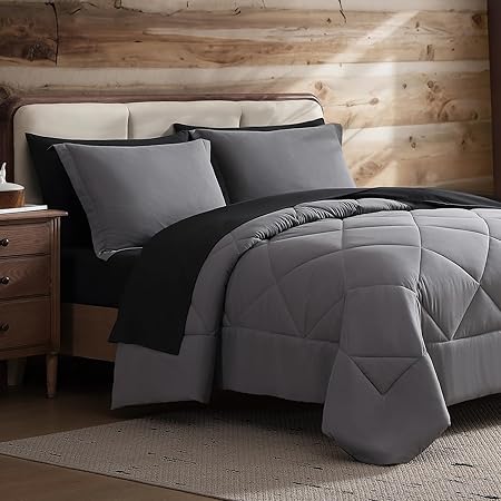 Coleman Twin Comforter Set Reversible Bed-in-a-Bag– Double-Sided Color Options, All-Season Comforter + Shams + Sheets – Perfect for Home, Cabin or Camp Use, Black/Gray