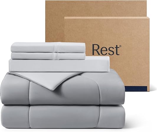 Rest® Evercool®+ Cooling Comforter Set, King Size Light Gray, 4pcs with Cooling Blanket, Wrinkle-Free Deep Pocket Fitted Sheet, 2 Silver-Infused Pillowcases for Skin and Hair Bed Set for Ultra Comfort