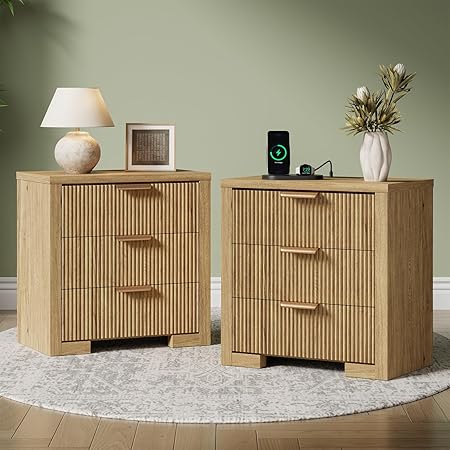 24'' Nightstands Set of 2 with Charging Station, 3 Drawers Dresser, Wood End Table with Large Storage, Modern Mid-Century Bedside Table for Bedroom, Living Room, Office, Natural Oak