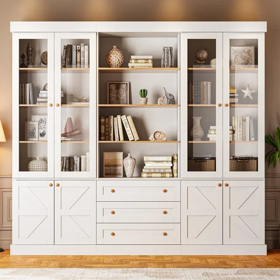 71" Tall Farmhouse Pantry Cabinet,Large Storage Cabinet with Adjustable Shelves,Wood Versatile Hutch Cabinet With Glass Doors and Drawers for Dining Room,Living Room,White,3 Pcs