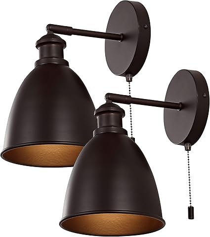 JONATHAN Y 6.5" Oil Rubbed Bronze 1-Light Farmhouse LED Wall Sconce Set of 2 for Bedroom, Hardwired Industrial Wall Light with Pull Chain Switch, Metal Shade, LED Bulb Included (JYL9911B-SET2)