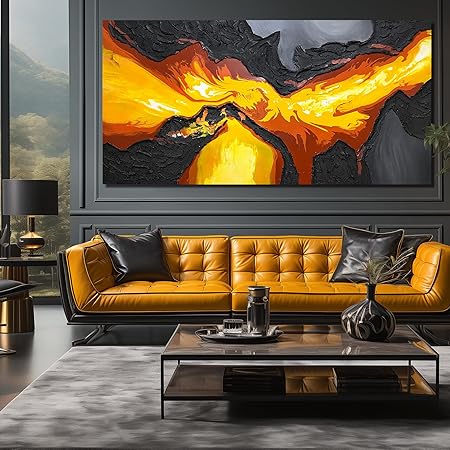GUGIKA Extra Large Abstract Wall Art for Living Room, Hand Painted 3D Textured Magma Paintings, Black and Gold Yellow Volcanic Lava Canvas Wall-Decor for Bedroom, Size 80x40 Inches