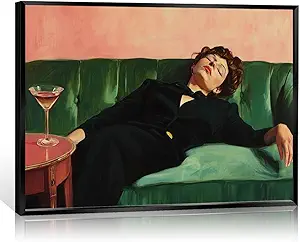 Vintage Moody Woman Canvas Wall Art Funky Woman On Couch With Martini Posters Cocktail Bar Cart Prints Trendy Soft Tonal Eclectic Painting For Bar Kitchen Living Room Decor 12x16in Black Framed