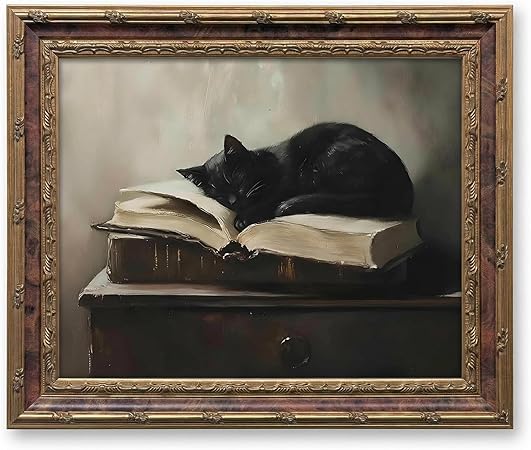 Framed Vintage Black Cat Wall Art Canvas Print Retro Animal Painting Picture Moody Rustic Farmhouse Artwork for Living Room Bedroom Office, Ready to Hang 8x10 Inches