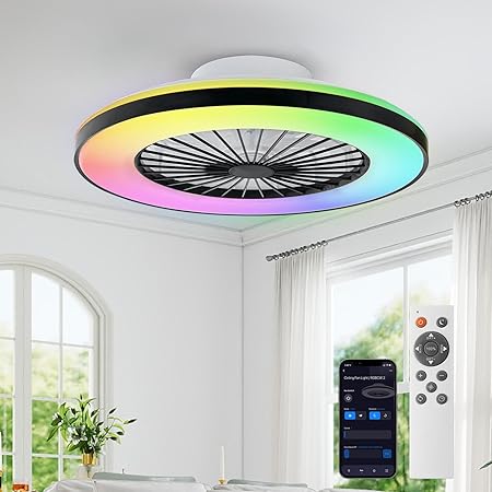 RGB Ceiling Fan with Light, 19.7" Low Profile Ceiling Fan with Light, 6 Wind Speeds and Smart 3 Light Color Flush Mount Fan for Bedroom, Kids Room and Living Room