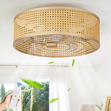 ainqiant Boho Caged Ceiling Fan with Light, 20'' Rattan Flush Mount Ceiling Fan with Light and Remote Control for Bedroom Kitchen Living Room