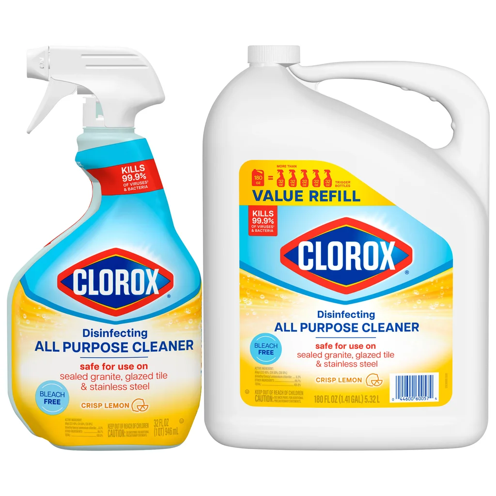 Clorox Disinfecting All Purpose Cleaner, Crisp Lemon, 32 fl oz Spray + 180 fl oz Refill