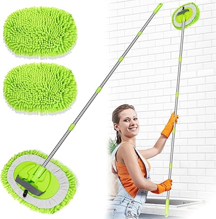 2 in 1 Lightweight Wall Cleaner Mop with Long Handle 75" 190cm Ceiling Duster Lint-Free Chenille Fiber Mop for Kitchen Baseboard Floor Glass Window Roof Cleaning Washer Scrubber Brush Tool Wet Dry Use