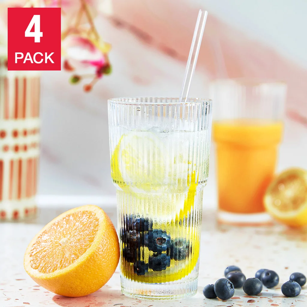 Mesa Ribbed 20 oz. Glass Cups with Lids and Straw, 4-pack