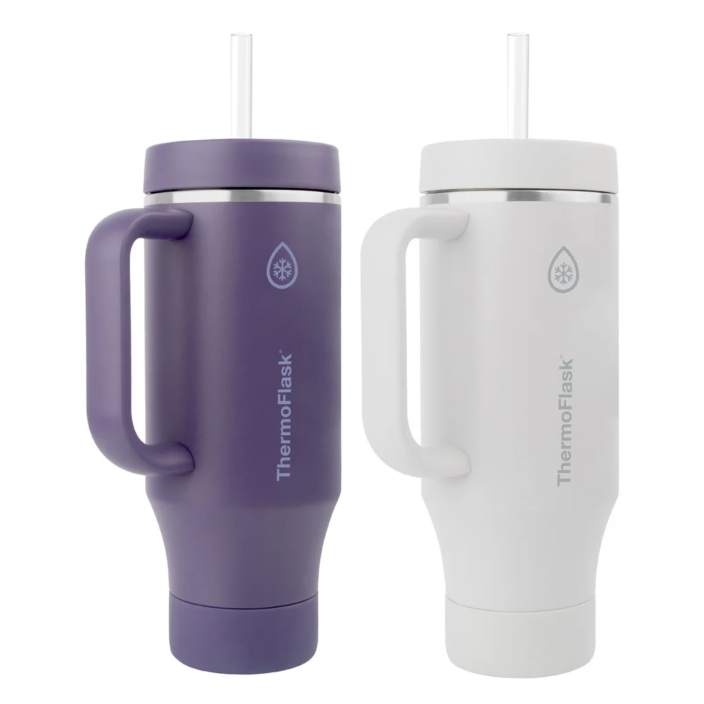 ThermoFlask 40 oz Insulated Stainless Steel Tumbler with Handle and Straw Lid, 2-pack