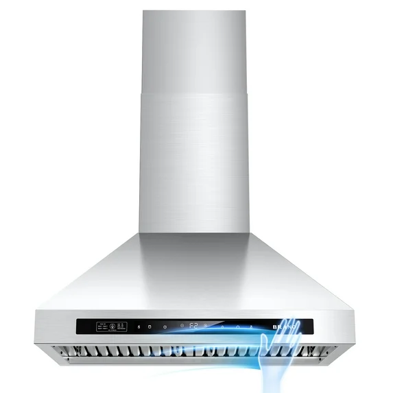 BRANO Wall Mount Range Hood 30 inch，900 CFM,4 Speed Exhaust Fan Kitchen Hood with Voice/Gesture/Touch Control，Vent Hood in Stainless Steel With Ducted/Ductless Convertible