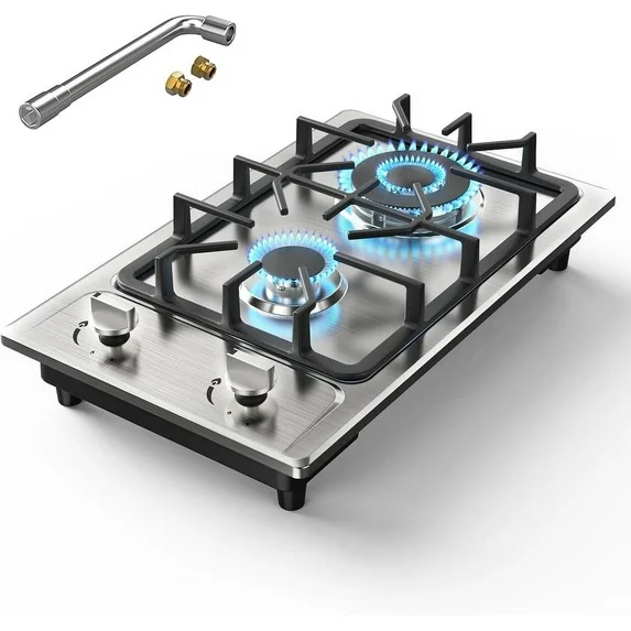 Hero image 3 of VBGK 2 Burner Gas Cooktop, 12-inch Stainless Steel Dual Fuel Propane Stove with Thermocouple Protection for Home, Apartment, and Outdoor Cooking, 3 of 7     VBGK VBGK 2 Burner Gas Cooktop, 12-inch Stainless Steel Dual Fuel Propane Stove wi