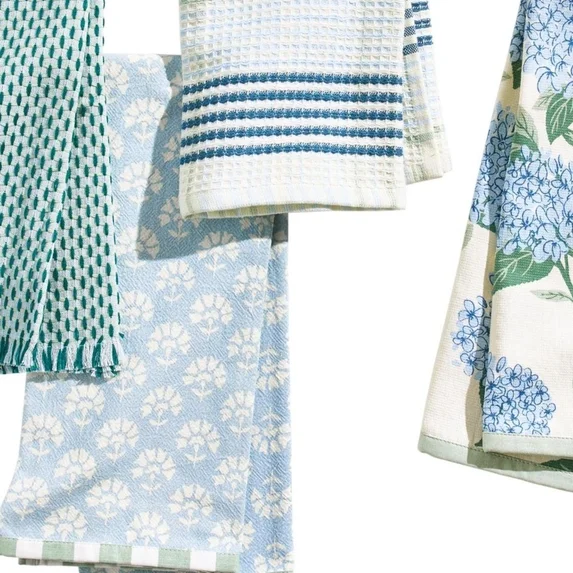 Beautiful Home by Drew Barrymore Floral Trellis Kitchen Towel Set, 4 Piece, Blue, 18" x 28"