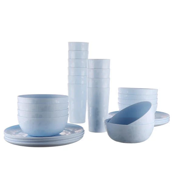 Mainstays 30-Piece Plastic Etched Daisy Pattern Dinnerware Bundle Set, Blue