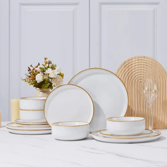 Vesteel Dinnerware Sets for 4, 12-Piece Stoneware Dish and Bowls Set, Handmade Reactive Glaze Coupe Plates Set for Family, Chip & Scratch Resistant - Seashell White