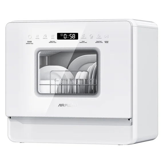 AIRMSEN 5-Place Settings Portable Countertop Dishwasher with 5L Built-in Water Tank, Ultra-Slim Dishwasher Upgrade 3 Spray Arms, 12H Delay Start and Salt Chamber Function, ZMW-DUHA01