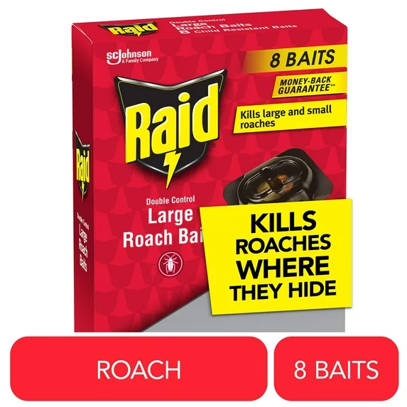 Raid Double Control Roach Bait, Kills Cockroaches and Bugs, 8 Large Bait Stations