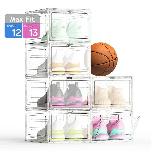 FDDAI Clear Shoe Storage Boxes Stackable 6 Pack – Large Plastic Shoe Organizer with Magnetic Door for Closet Rack Display – Sneaker Containers Storage Bin Organizer for Bedroom Entryway Under Bed