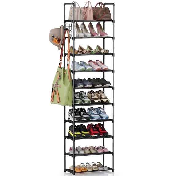 10 Tier Metal Shoes Rack, Bug Hull Narrow Stackable Shoes Shelf with Hooks, Shoe Tower for 20-24 Pairs Shoe and Boots Organizer, Black