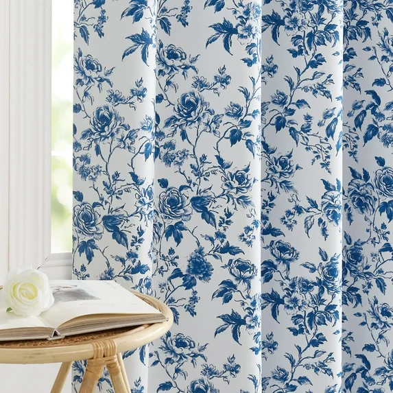 NICETOWN 100% Blackout Floral Curtains for Living Room, Room Darkening Grommet Farmhouse Thermal Insulated Window Drapes, Blue, 52"x84", 2 Panels