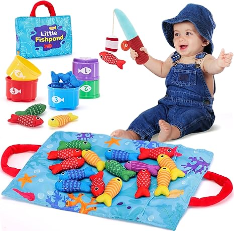 hahaland Montessori Toys for 1 Year Old Boy Girl Birthday Gift - 10 in 1 Cloth Fishing Game Toddler Toys with Stacking Cups - Number Counting, Color Sorting..