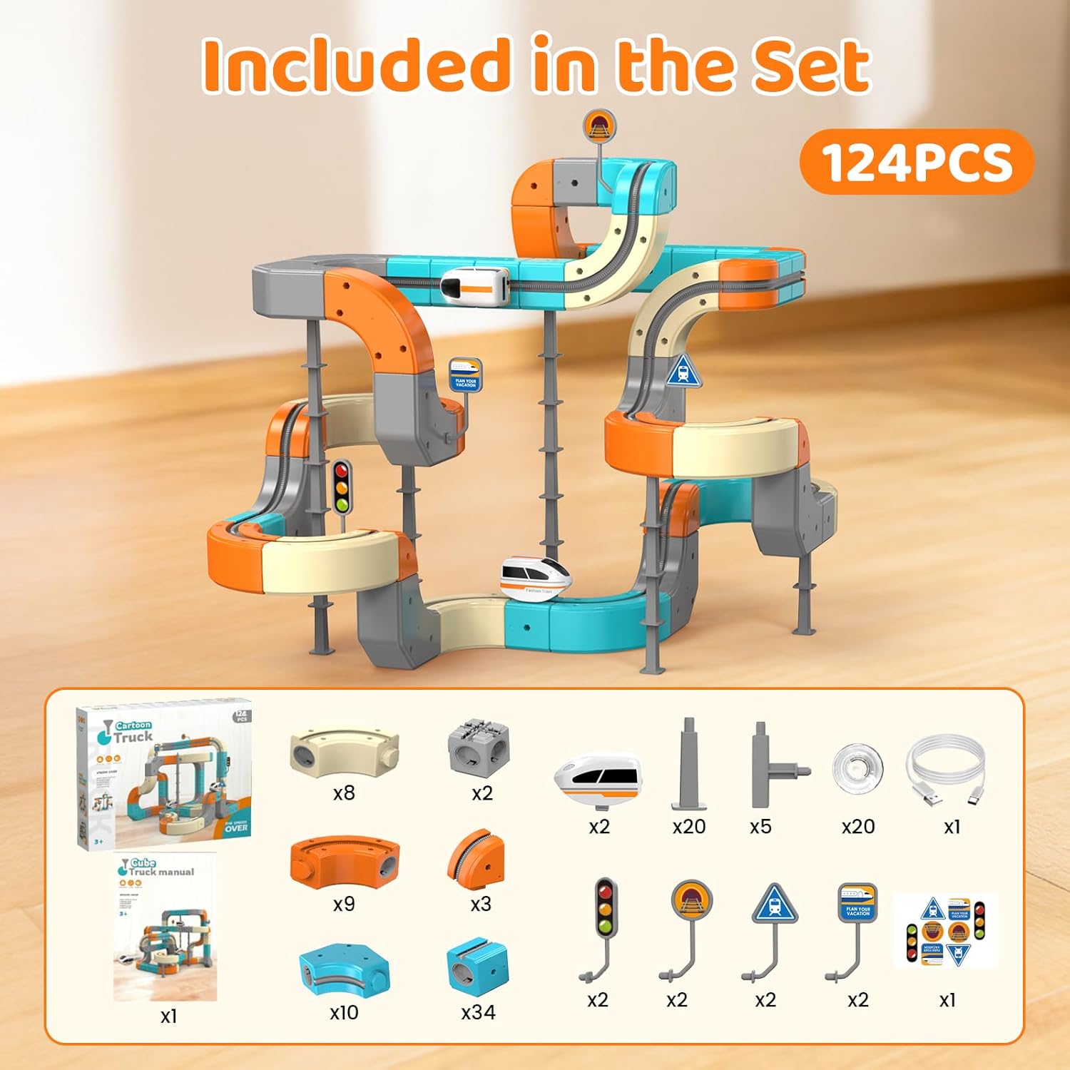 Electric Train Set 3D Flexible Race Track for Kids 3 4 5 6 7 8 Years Old, 124 Pcs Gravity-Defying Rail Building Toys with Motorized Car, STEM Learning Toy Gift for Toddlers Birthday