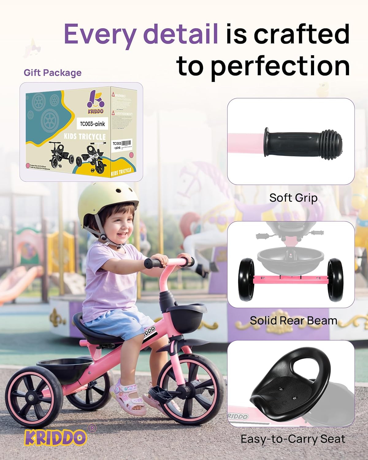KRIDDO Tricycle for 2-5 Year Olds - Pink Toddler Trike With Gift for 24 Month to 4 Year Old Girls