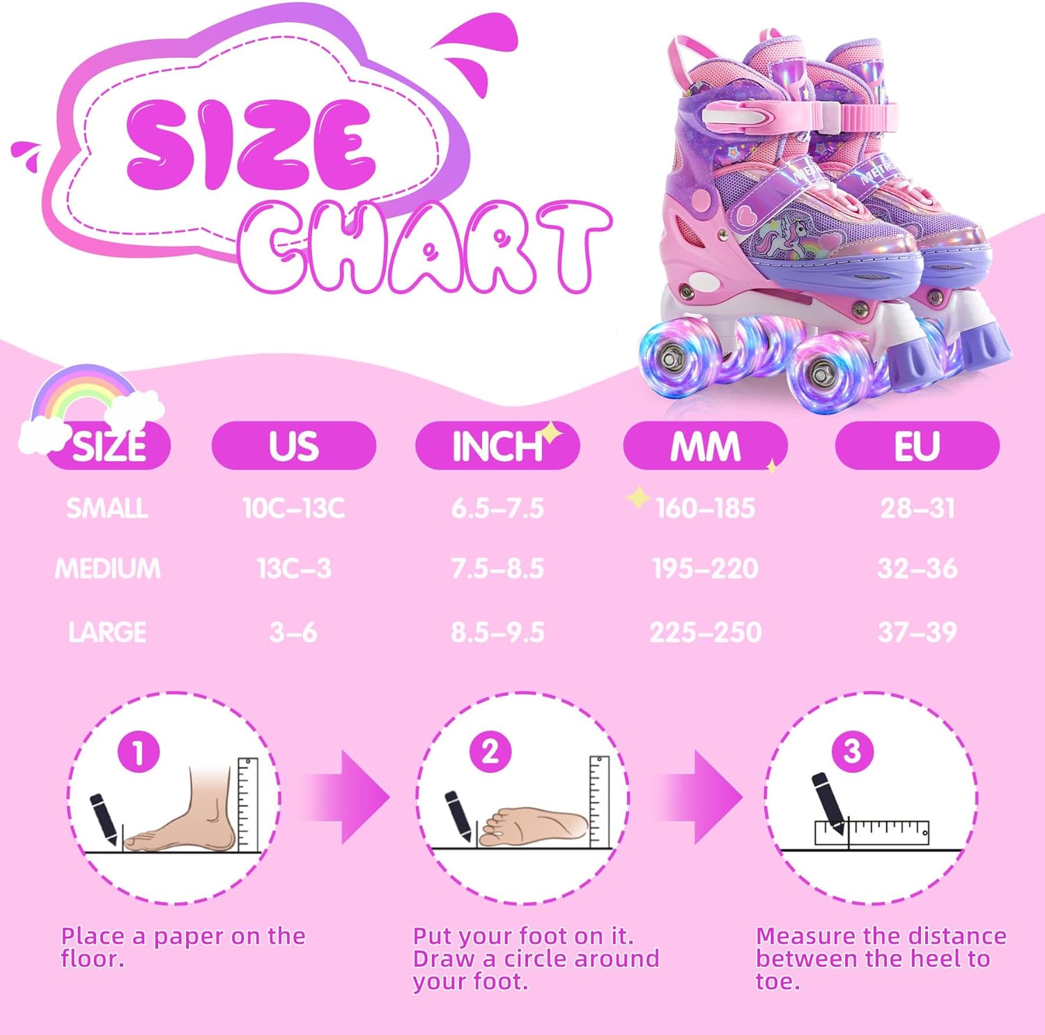 METROLLER Kids Roller Skates Girls Ages 4-6 5-8 8-12 Adjustable Toddler Roller Skates Shining Wheels Little Unicorn Sports Outdoors